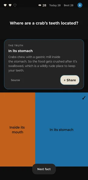 Educated Guess app after an answer to “Where are a crab’s teeth located?”: the truth card reads “In its stomach”, explains that crabs chew with a gastric mill inside the stomach, and has Source and Share buttons above the orange and blue answer halves.